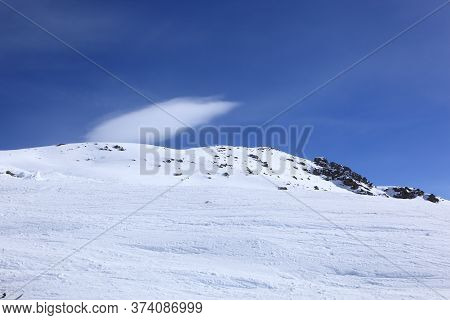 Panoramic View Of The Mountains Of France On A Winter Sunny Day. Haute Savoy, France. Snow Park.