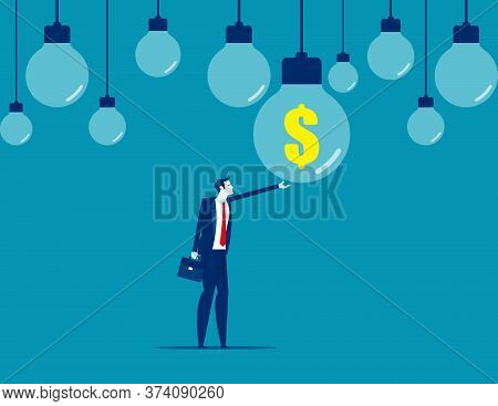 Finding A Hanging Finance Idea Light Bulb With Dollar Sign. Financial And Economic Concept