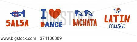 Set Of Hand Drawn Red And Blue Stickers. Lettering And Elements On The Theme Of Latin Dances And Mus