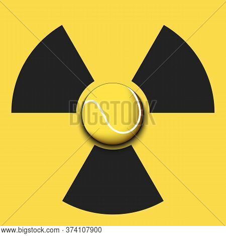 Radiaction Symbol With Tennis Ball. Caution Radioactive Danger Sign. Tennis Quarantined. Cancellatio