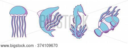 Sea Creatures In A Modern Style. Children's Illustration. Neon Colors, Hard Shadows. Blue And Purple