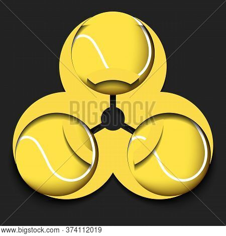Radiaction Symbol With Tennis Ball. Caution Radioactive Danger Sign.  Tennis Quarantined. Cancellati