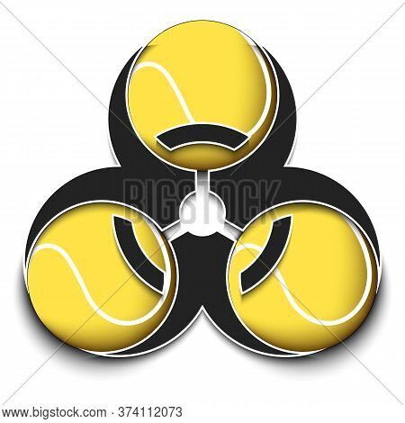Radiaction Symbol With Tennis Ball. Caution Radioactive Danger Sign.  Tennis Quarantined. Cancellati