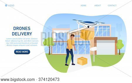 Contactless Product Delivery. The Drone Left A Box In The Yard, The Man Picks Up The Parcel. Safe An