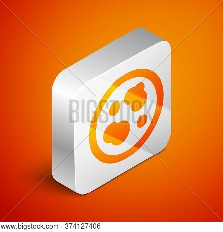 Isometric Petri Dish With Bacteria Icon Isolated On Orange Background. Silver Square Button. Vector 