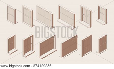 Isometric Outline Set Of Closed Windows With Sill And Low Tide In Various Foreshortening Views.