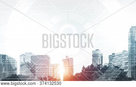 Cybersecurity Mixed Media With Virtual Locking Padlock On Cityscape Background. Data Privacy Protect