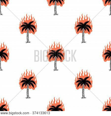 Burning Palm Tree Color Black Seamless Pattern White Background