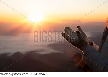Religious Young Woman Praying To God In The Morning, Spirtuality And Religion, Religious Concepts