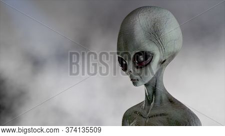 Scary Gray Alien Walks And Looks Blinking On A Dark Smoky Background. Ufo Futuristic Concept. 3d Ren