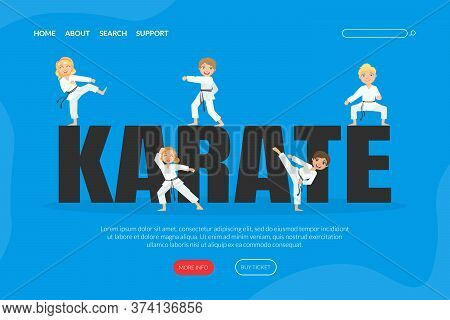 Karate Landing Page Template, Cute Boys And Girls Practicing Asian Martial Arts Web Banner Cartoon V