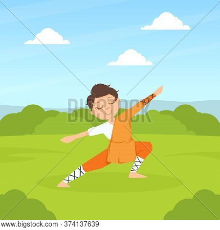 Kid Asian Martial Art Fighter, Cute Boy Athlete Practicing Wushu Technique Outdoors Cartoon Vector I