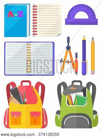 Backpack With Chancellery, Dividers And Pen With Pencil, Notebook And Ruler. School Bag With Chancer