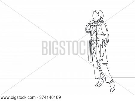 One Single Line Drawing Of Young Happy Beauty Muslimah Wearing Headscarf Pose Nicely. Beautiful Asia