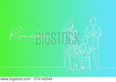 Ramadan Kareem Greeting Card, Poster And Banner Design. One Single Line Drawing Of Happy Muslim Isla