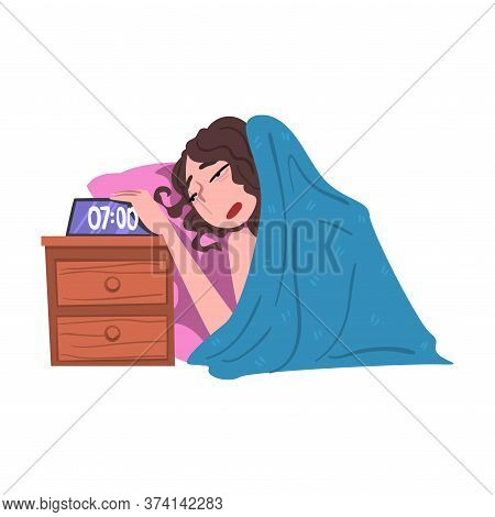 Young Woman Sleeping On Her Bed Being Woken Up By Alarm Clock, People Activity Daily Routine Cartoon