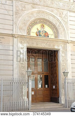 Trieste, Italy - October 14, 2014: Saint Spyridon Mosaic Fresco At Serbian Orthodox Parish Church In