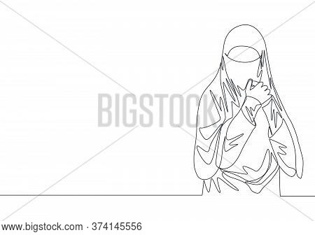 One Continuous Line Drawing Of Young Attractive Asian Muslimah Wearing Burqa While Touching Her Ches