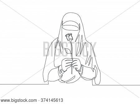 One Single Line Drawing Of Young Attractive Asian Muslimah Wearing Burqa And Holding Rose Flower. Tr