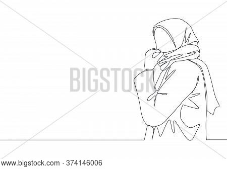 One Single Line Drawing Of Young Happy Muslimah Girl On Veil Covering Mouth With Scarf. Beautiful As