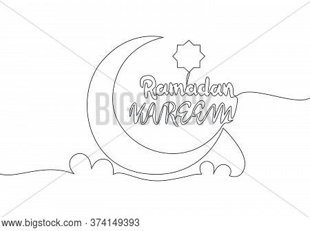 One Single Line Drawing Of Happy Eid Al Fitr Mubarak And Ramadan Kareem Concept. Islamic Holiday Cal