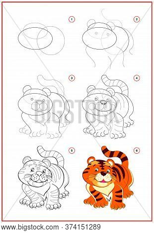 Page Shows How To Learn To Draw Step By Step Cute Little Toy Tiger. Developing Children Skills For D