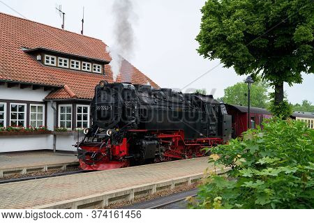 Wernigerode, Germany - May 23, 2020: Locomotive And Carriages Of The Brockenbahn In The Westerntor S