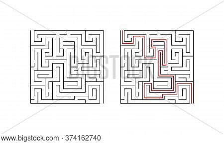 Labyrinth Maze Game For Children. Geometric Puzzle With Solution. Vector Illustration.