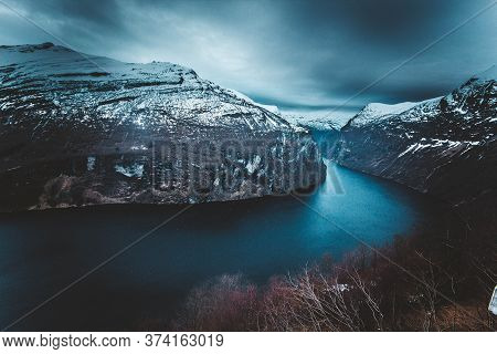 Bottom View Of The Breathtaking Northern Landscape. Fjord In Norway. Vertical Photo. Fjord On The Ba