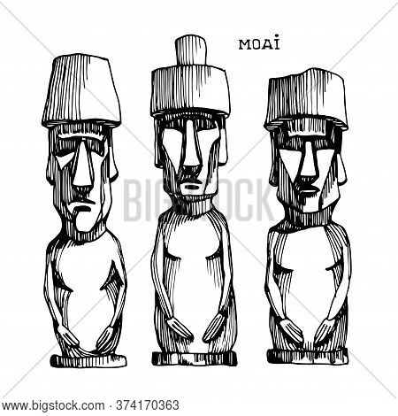 Group Of Stone Statues From Easter Island, Moai Monuments, Exotic Touristic Landmark, Vector Illustr