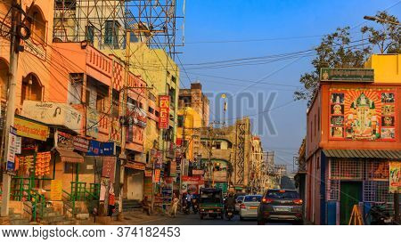 Vijayawada, INDIA - January 6 2019 : Traffic congestion in narrow streets, at Vijayawada, India