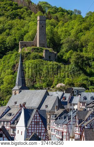View At Church And Castle Ruin Loewenburg In Monreal, Eifel, Germany