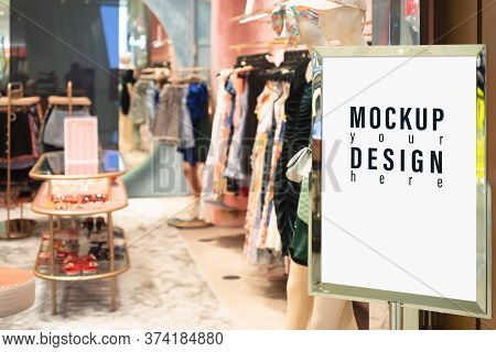 Mockup Empty Blank White Billboard In Front Of The Female Clothes Shop Entrance To Place Your Text, 