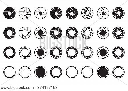 Camera Lens Signs Set. Shutter Aperture Or Diaphragm Graphic Symbols. Vector Illustrations For Optic