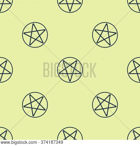 Blue Pentagram In A Circle Icon Isolated Seamless Pattern On Yellow Background. Magic Occult Star Sy