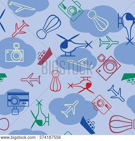Blue Vector Travel The World With Camera, Helicopter, Clouds Seamless Illustration. Colourful Repeat