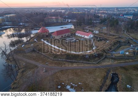 The Ancient Korela Fortress On An April Evening (shooting From A Quadrocopter). Priozersk, Russia