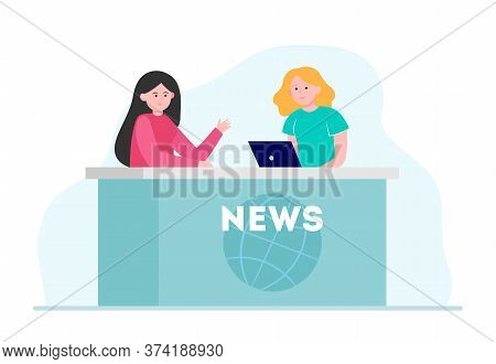 Two Women Telling News In Studio. Laptop, Reporter, Anchorperson Flat Vector Illustration. Tv Broadc