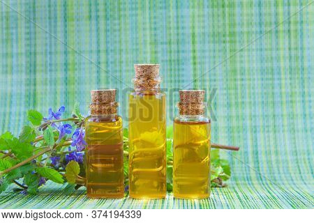 Bugleherb Essential Oil In A Beautiful Bottle On The Wooden Background