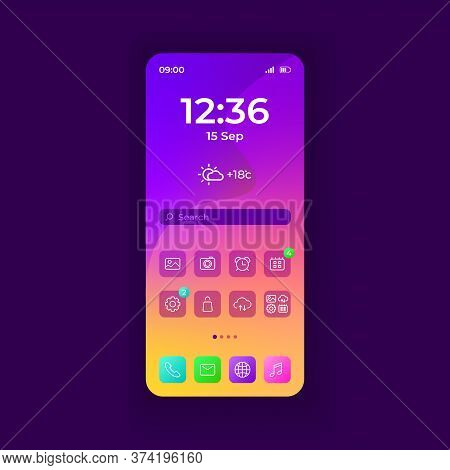 Smartphone Interface Vector Template. Mobile Home Page With Apps Purple Gradient Design Layout. Flat