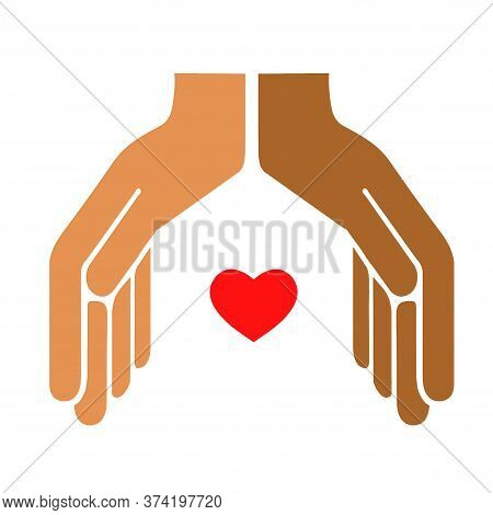 Two Hands With Different Skin Color Touch Each Other In The Form Of A House Or Roof, With The Heart 