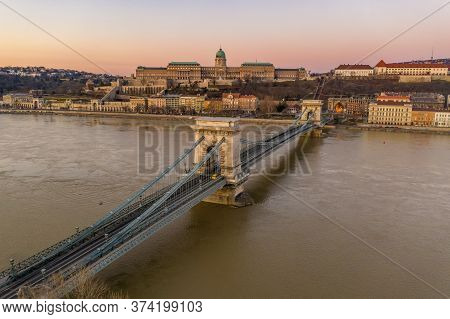 Aerial Drone Shot Of Chain Bridge Before Buda Castle Before Budapest Sunrise