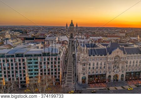 Aerial Drone Shot Of Zrinyi Utca Street Before St. Stephen Basilica Before Budapest Sunrise