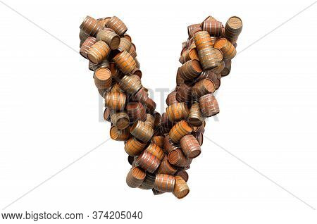 Letter V From Wooden Barrels, 3d Rendering Isolated On White Background