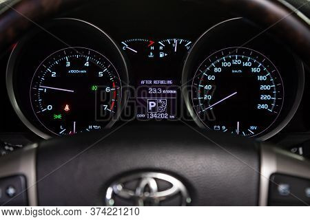 Novosibirsk/ Russia - April  02 2020: Toyota Land Cruiser 200  , Close Up Instrument Automobile Pane