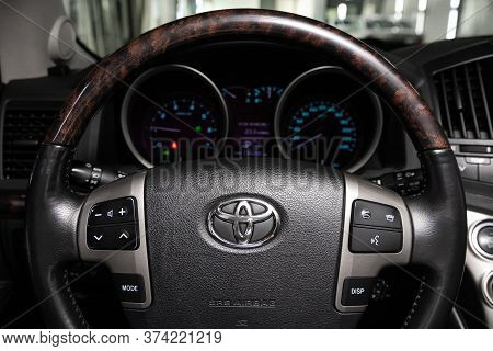 Novosibirsk/ Russia - April  02 2020: Toyota Land Cruiser 200  , Salon Of A New Stylish Car, Steerin
