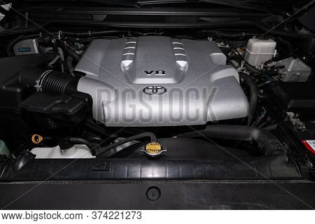 Novosibirsk/ Russia - April  02 2020: Toyota Land Cruiser 200  , Close Details Of A  Car Engine