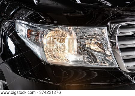 Novosibirsk/ Russia - April  02 2020: Toyota Land Cruiser 200  ,  Detail Light Close Up Of On New Ca