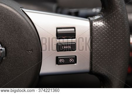 Novosibirsk/ Russia - June 10 2020: Nissan Pathfinder  , Car Steering Wheel With Control Buttons, Mu