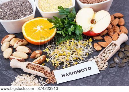 Inscription Hashimoto With Nutritious Natural Products And Ingredients Containing Vitamins For Healt